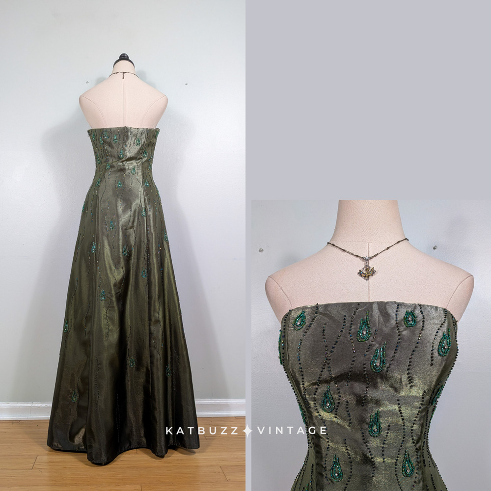 Vintage Prom Dress Maxi Gown 8 Olive Green Y2K Princess Ombre Goth Bead Glam - Picture 3 of 10